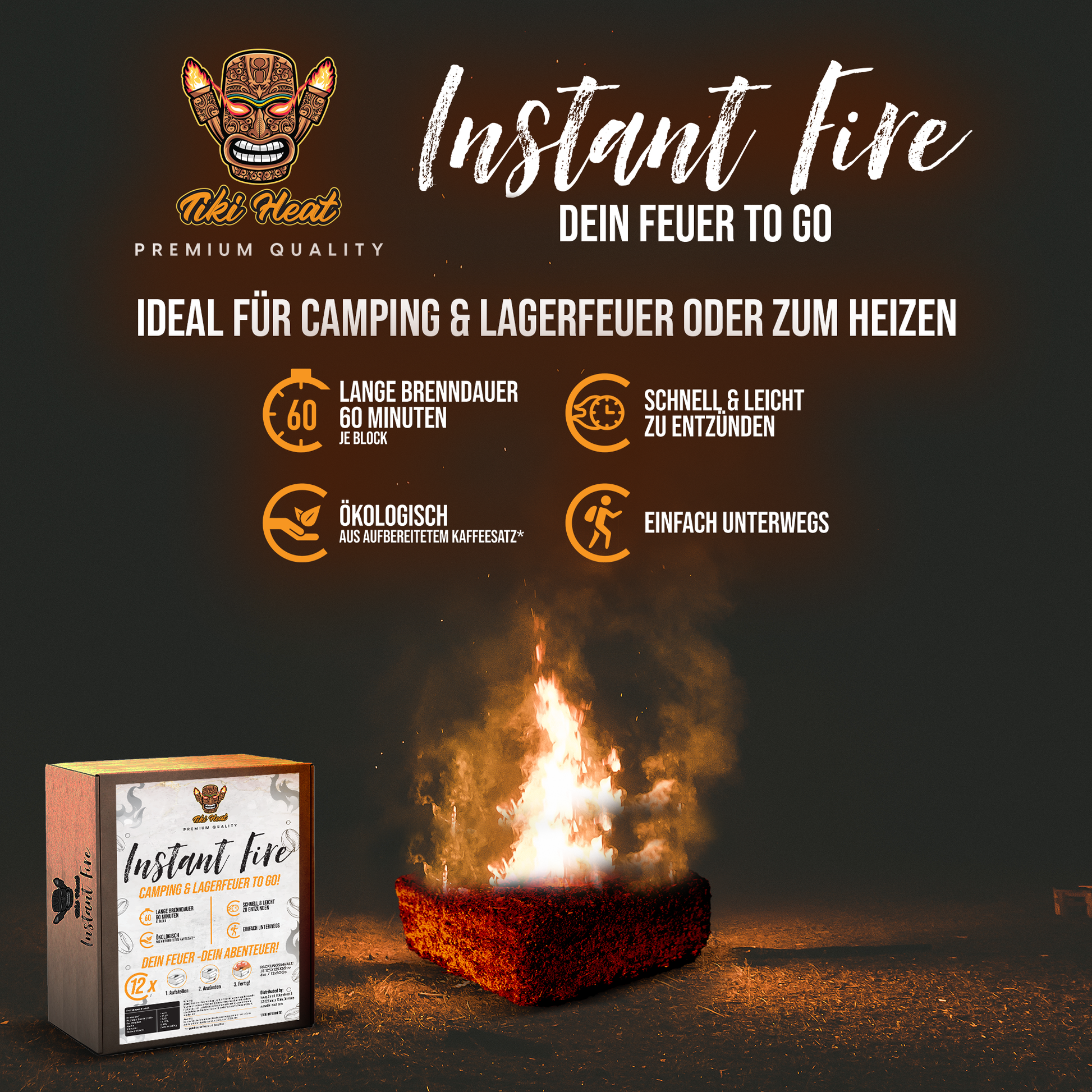 camping feuer Instant Fire Camping & Lagerfeuer für Unterwegs – Tiki Heat